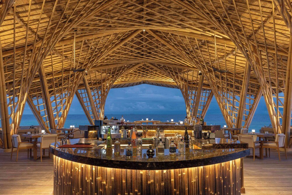 Bamboo structure with a bar area and seating