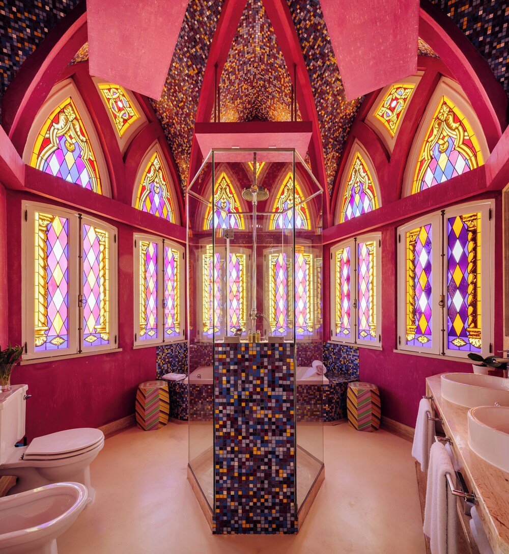 Bathroom with stained glass windows