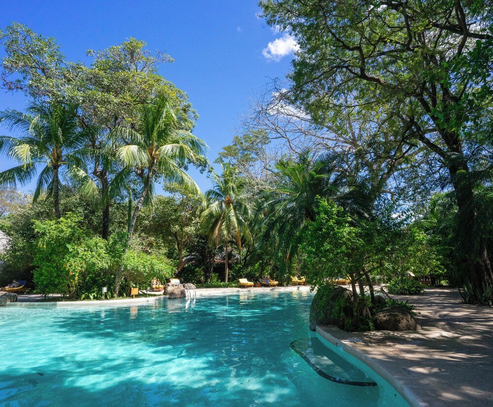 Piscina de agua clara rodeada de vegetación en Capitán Suizo