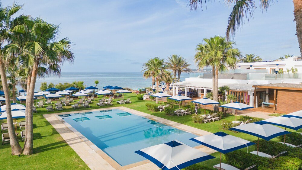 Zona de piscina con reposeras, sombrillas y palmeras en Gecko Hotel