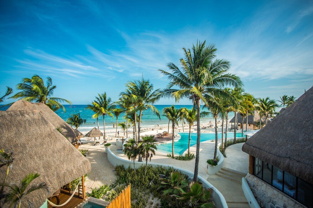 Resort pool area with palm trees and the beach beyond
