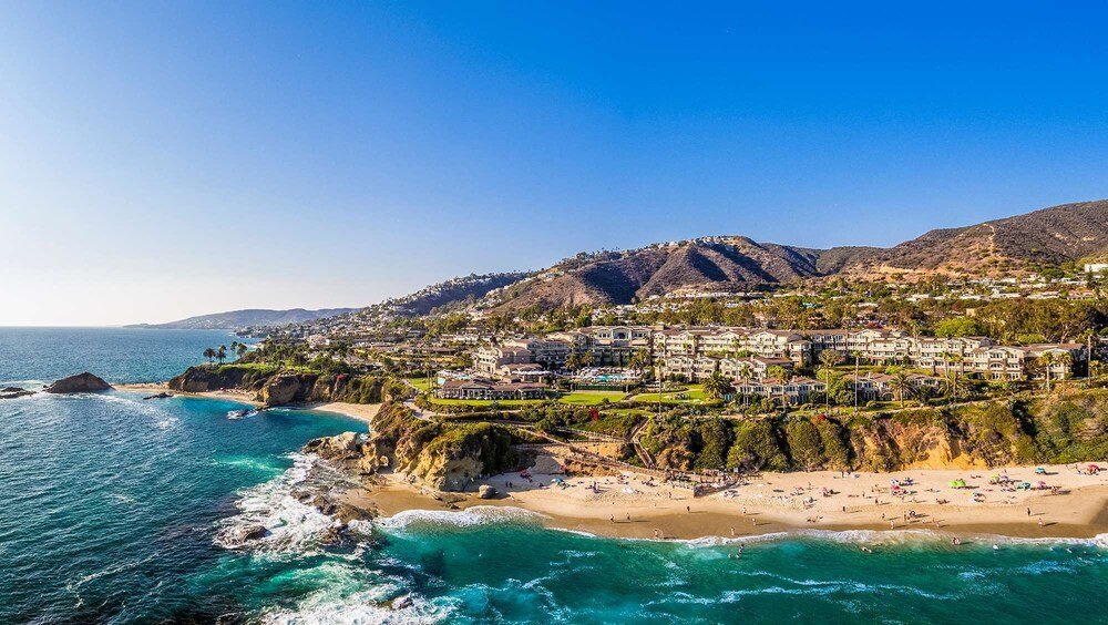 Coastal town with beachfront properties and a beach