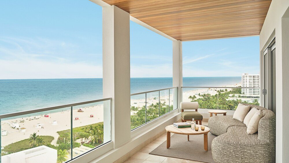 Balcony with a view of the beach and ocean