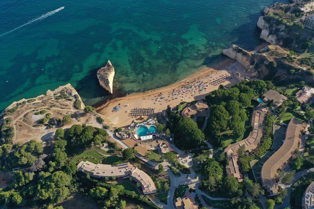 Aerial view of the coastal resort with the beach beyond